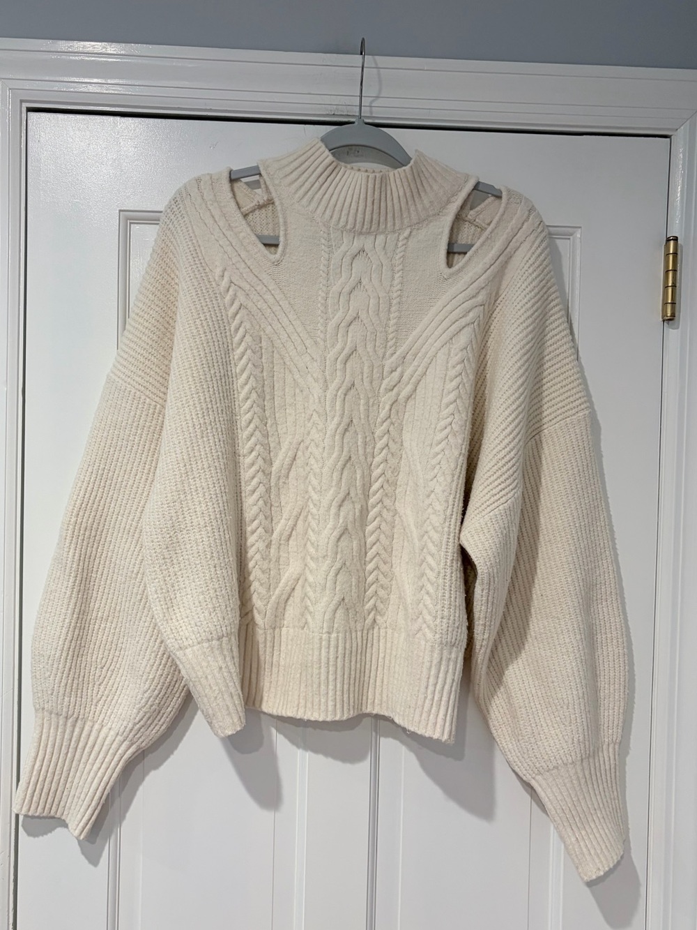 Express Cream Cable Knit Cutout Mock Neck Sweater